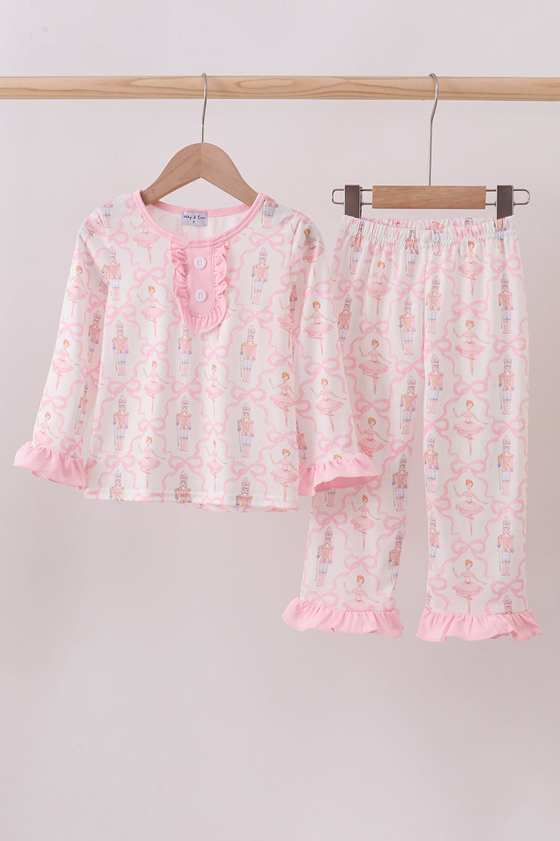 Pink nutcracker print ruffle pajamas set