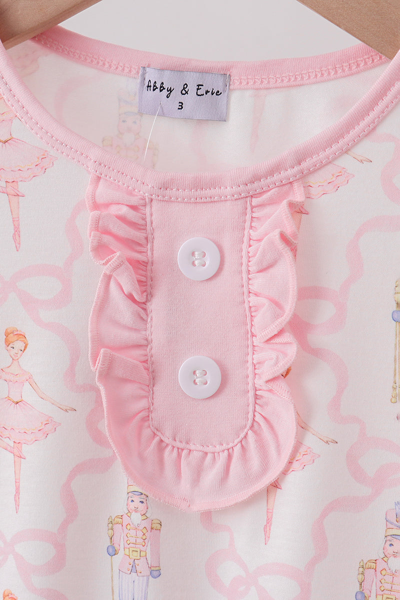 Pink nutcracker print ruffle pajamas set