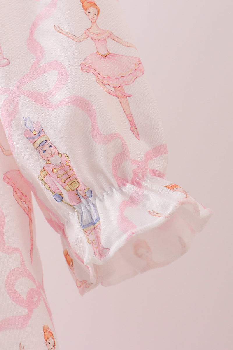 Pink nutcracker print ruffle gown