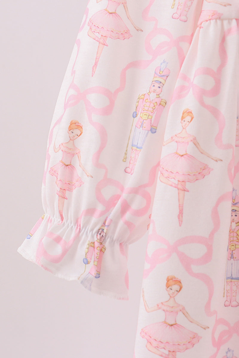 Pink nutcracker print ruffle dress