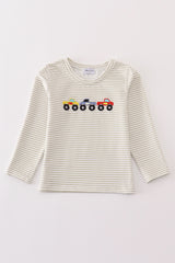 Gray stripe monster truck embroidery boy top