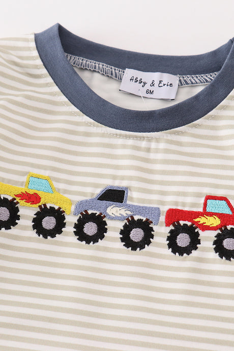 Gray stripe monster truck embroidery boy romper