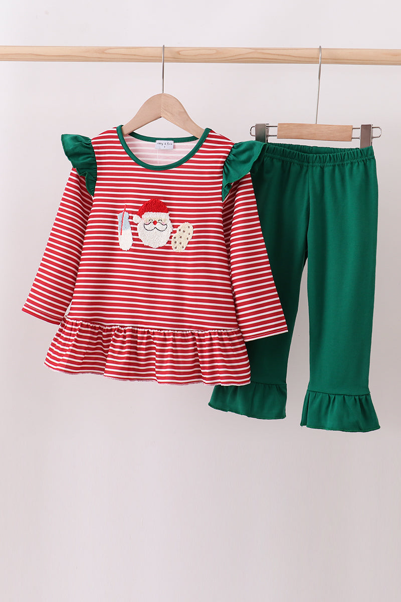 Red stripe santa milk biscuit french knot ruffle pants set
