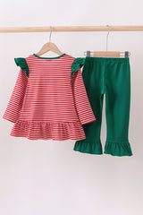 Red stripe santa milk biscuit french knot ruffle pants set