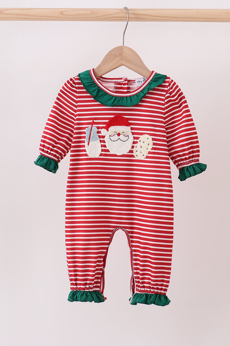 Red stripe santa milk biscuit french knot ruffle romper