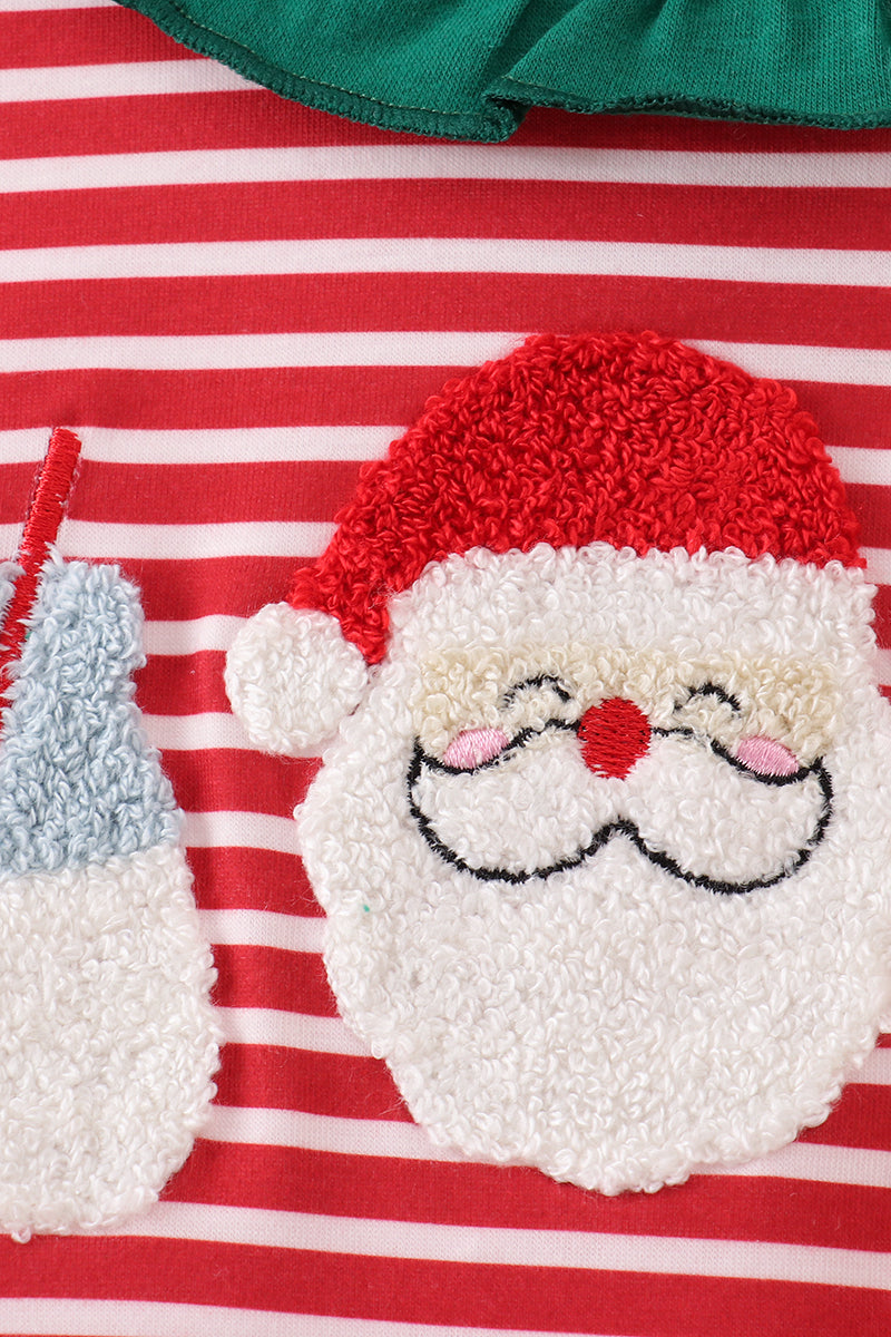 Red stripe santa milk biscuit french knot ruffle romper
