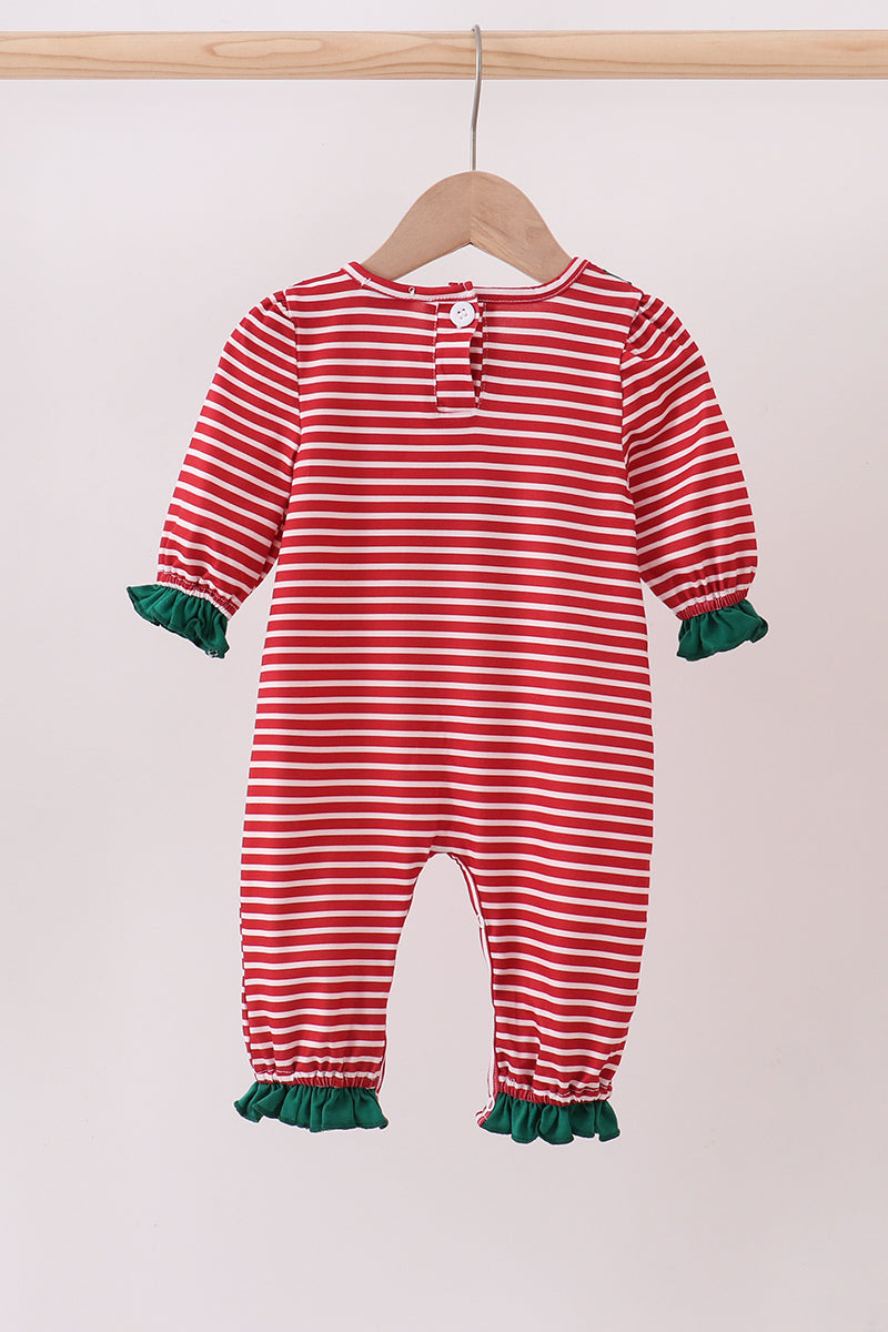 Red stripe santa milk biscuit french knot ruffle romper