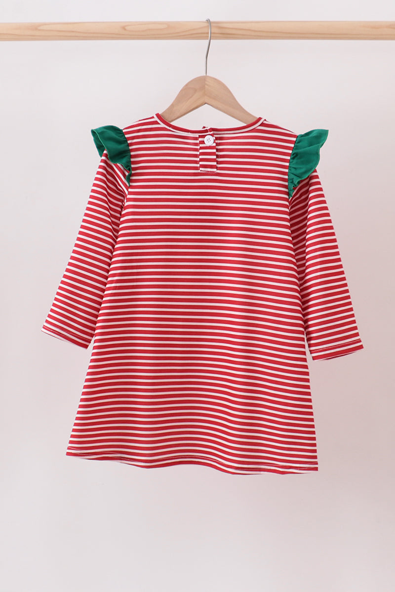 Red stripe santa milk biscuit french knot ruffle dress
