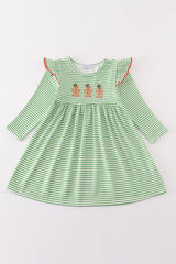 Green stripe christmas gingerbread embroidery dress