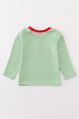 Green stripe christmas gingerbread embroidery boy top