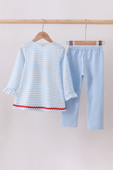 Blue stripe reindeer applique ruffle pants set