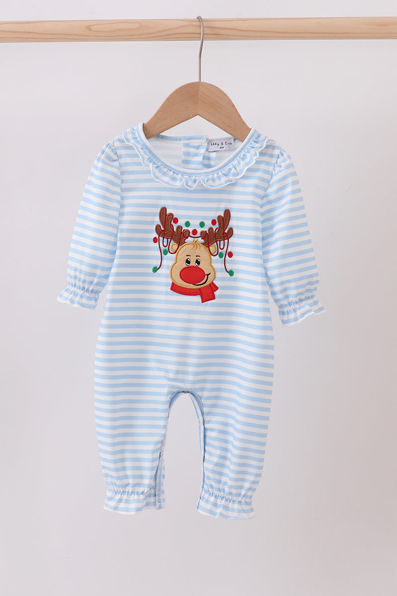 Blue stripe reindeer applique ruffle romper