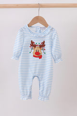 Blue stripe reindeer applique ruffle romper