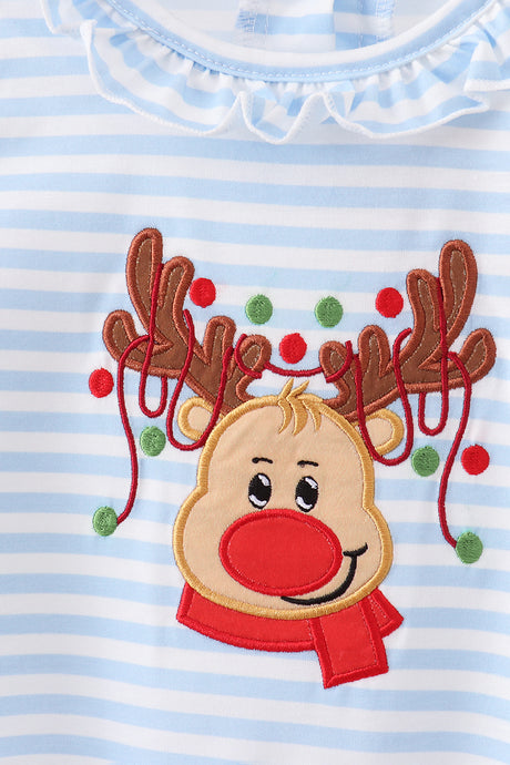 Blue stripe reindeer applique ruffle romper