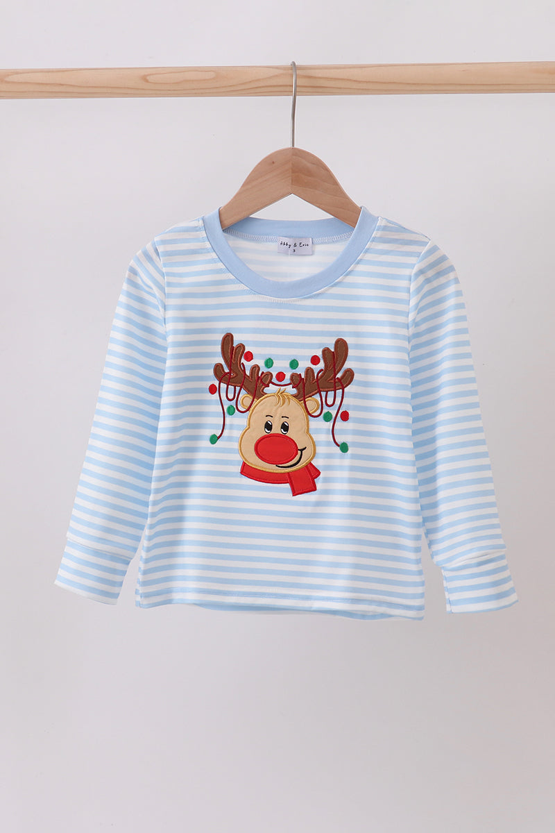 Blue stripe reindeer applique top