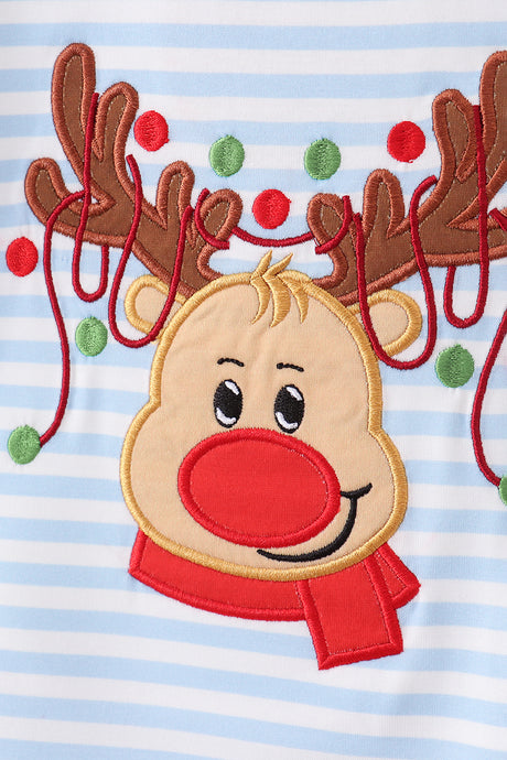Blue stripe reindeer applique top