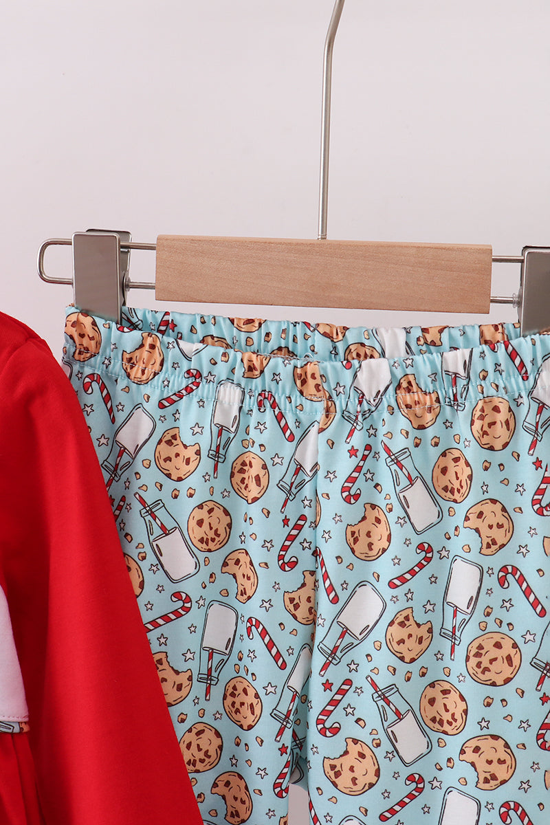 Red santa claus cookie french knot ruffle pants set