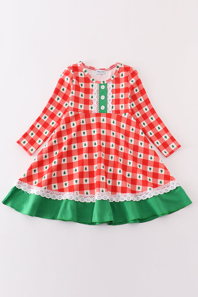 Red christmas tree gingham girl dress