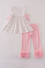 Pink floral bow print ruffle pants set