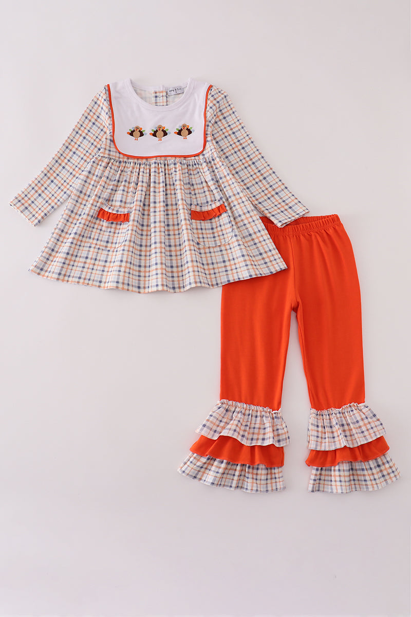 Orange turkey embroidery plaid ruffle pants set