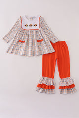 Orange turkey embroidery plaid ruffle pants set