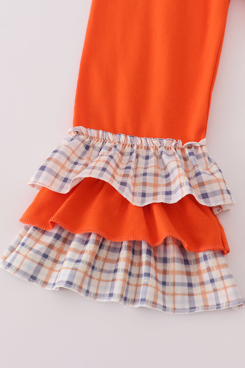 Orange turkey embroidery plaid ruffle pants set