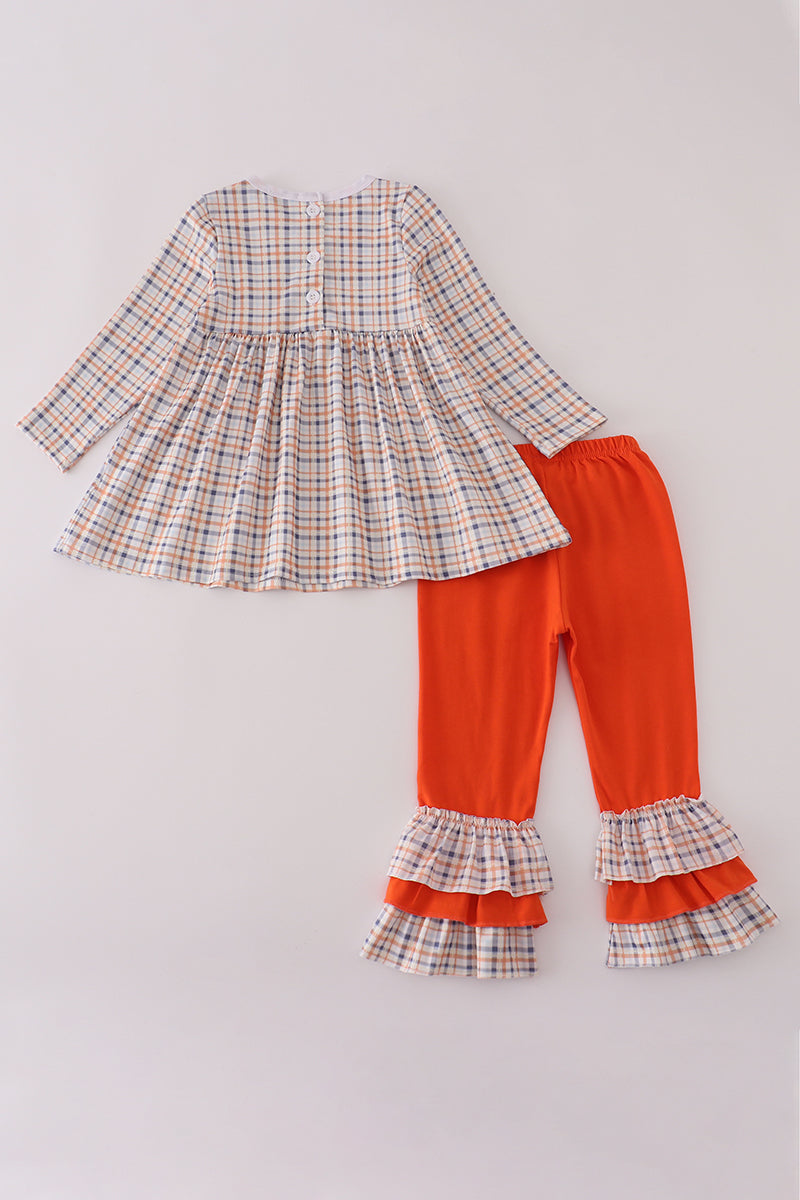 Orange turkey embroidery plaid ruffle pants set