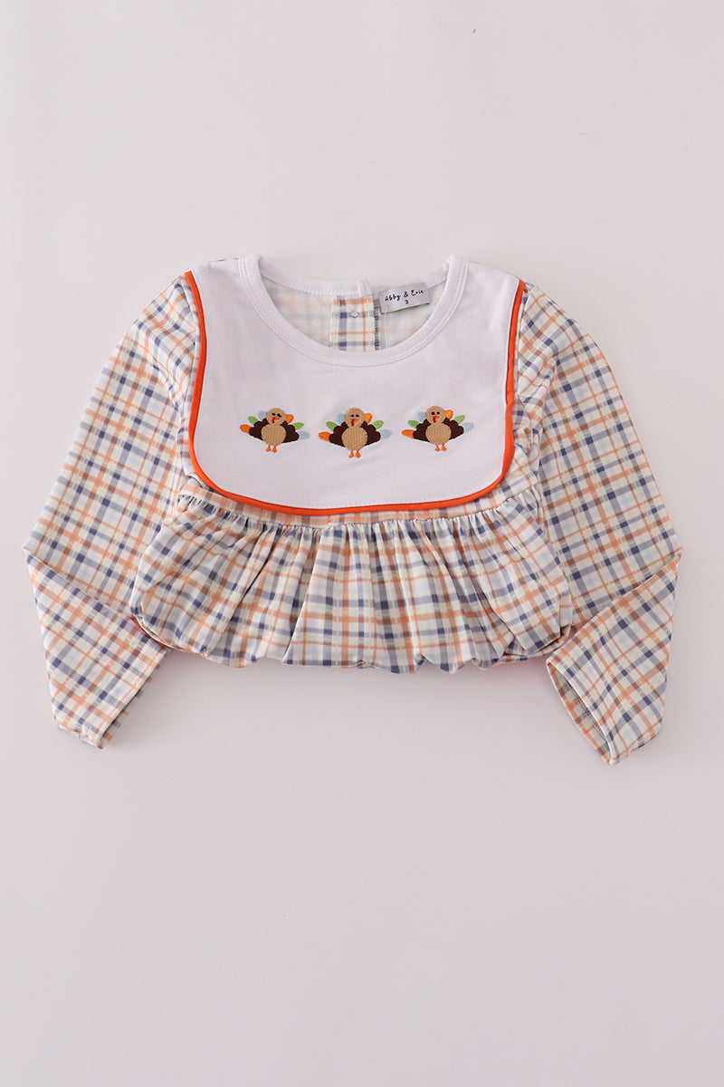 Orange turkey embroidery plaid ruffle pants set