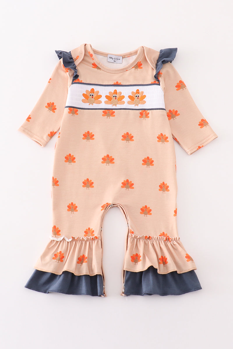 Khaki turkey embroidery smocked girl romper