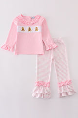 Pink gingerbread embroidery girl pants set