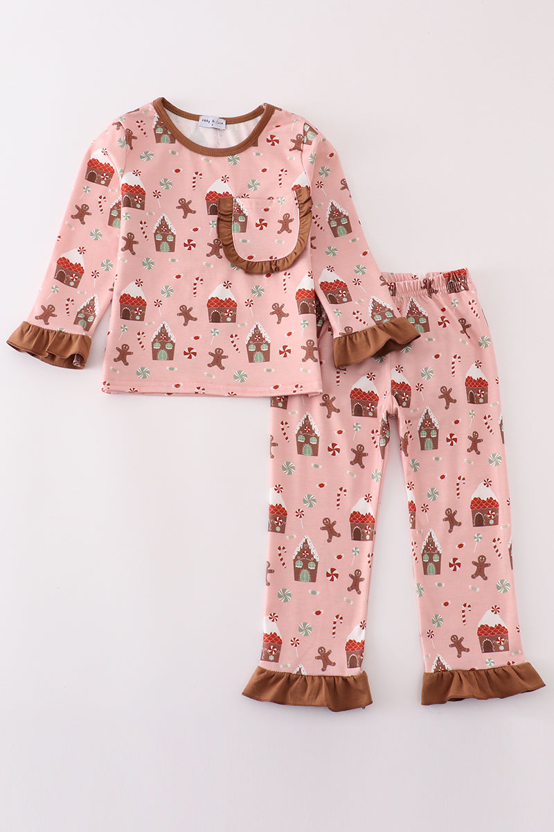 Pink christmas gingerbread girl pants set