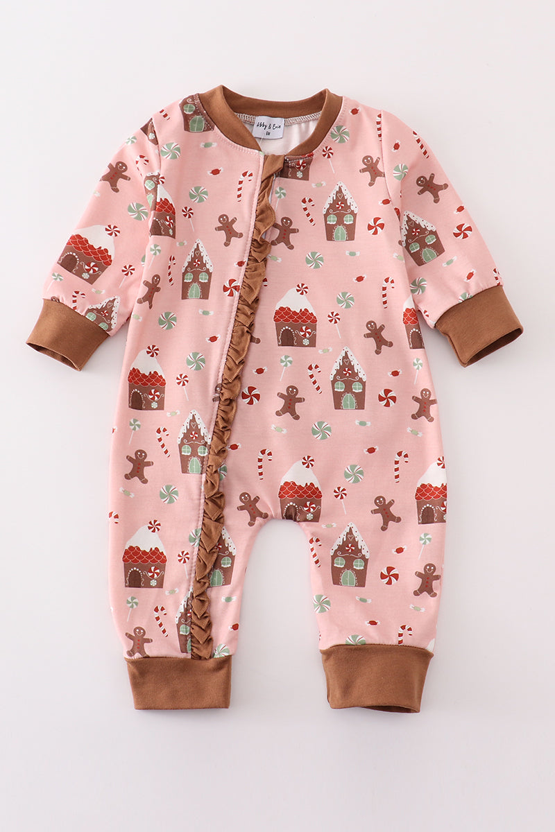 Pink christmas gingerbread girl ruffle zip romper