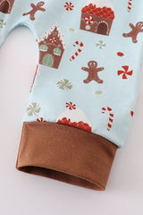 Blue christmas gingerbread boy zip romper