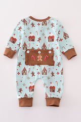 Blue christmas gingerbread boy zip romper