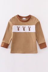 Brown deer embroidery boy top