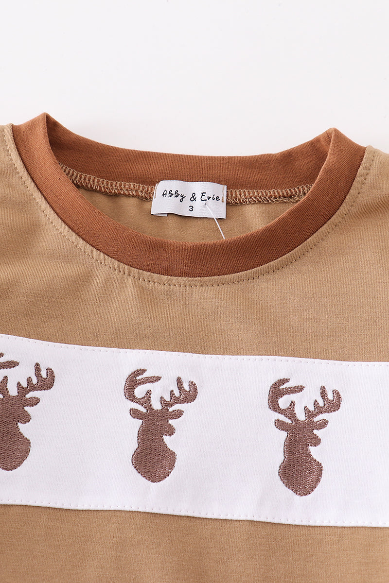 Brown deer embroidery boy top