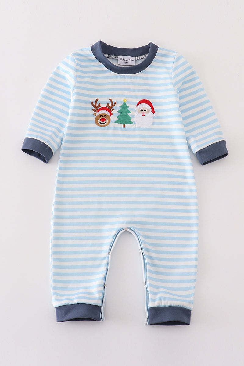 Blue christmas santa reindeer tree embroidery boy romper