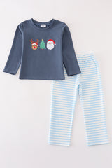 Blue christmas santa reindeer tree embroidery boy set