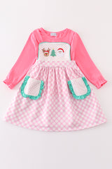 Pink christmas santa reindeer tree embroidery girl dress set