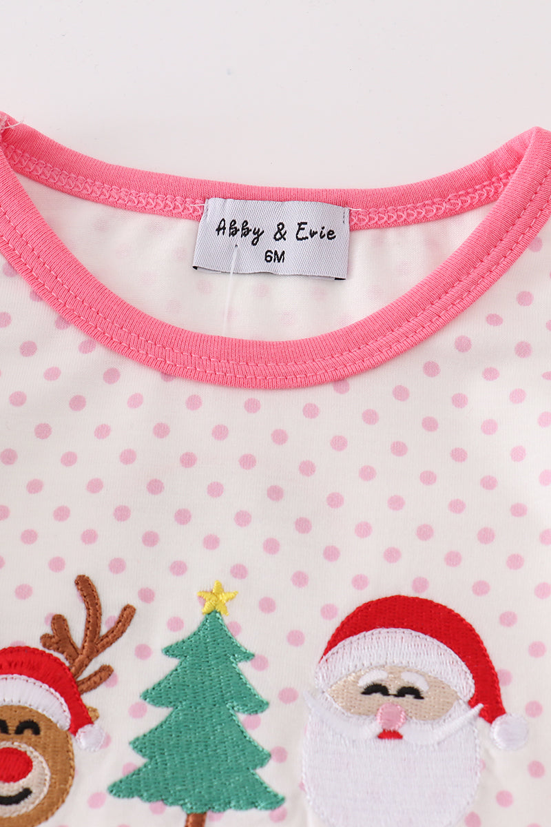 Pink christmas santa reindeer tree embroidery girl romper