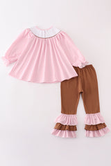 Pink dot smocked western embroidery girl set