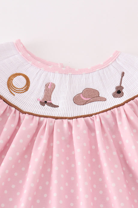 Pink dot smocked western embroidery girl dress