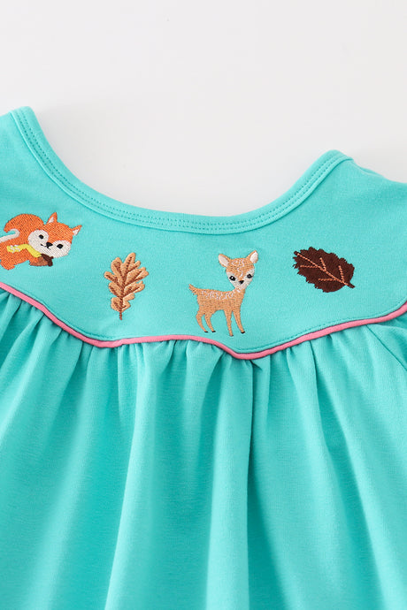 Teal floral print forest animal embroidery girl set