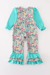 Teal floral print forest animal embroidery 2pc girl jumpsuit set