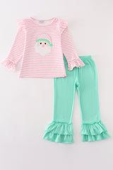 Pink stripe christmas santa claus applique girl set