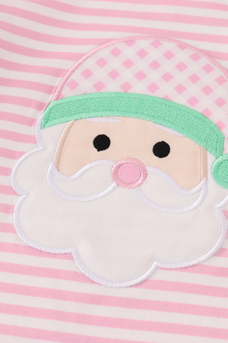 Pink stripe christmas santa claus applique girl set