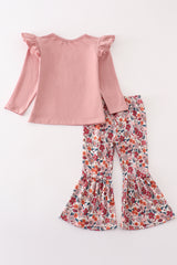 Pink floral girl ruffle pants set