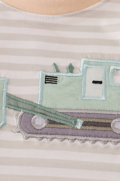 Cream excavator applique stripe romper