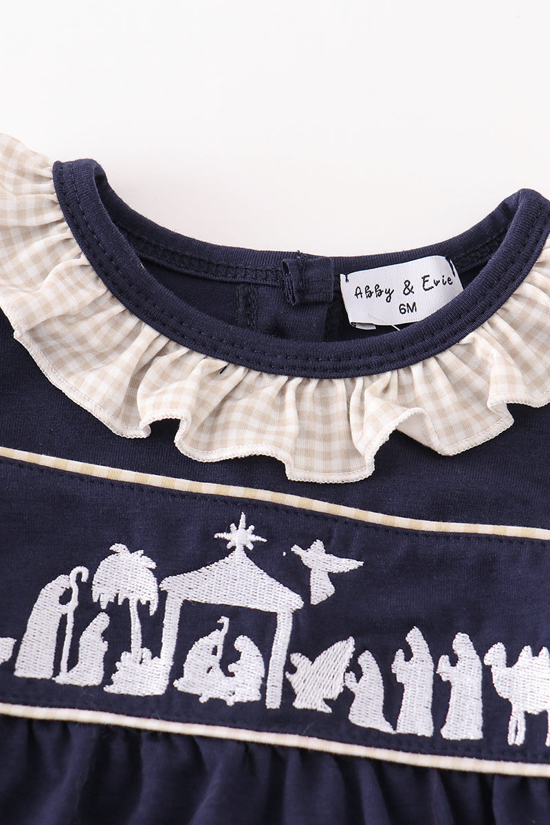 Navy nativity embroidery girl bubble