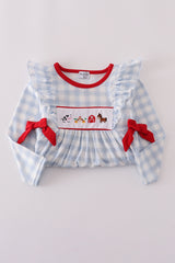Blue farm embroidery plaid ruffle bubble